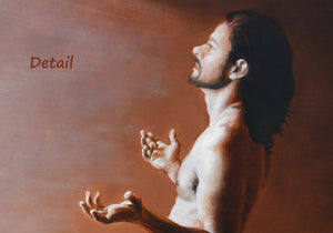 This detail of the figure painting shows the man in profile with long dark hair.  his hands are open and out to his sides and he offers himself up to the healing light.