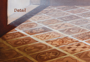 Detail of the figure painting Relinquish showing the Florentine patterns on the floor in a diamond shaped pattern.