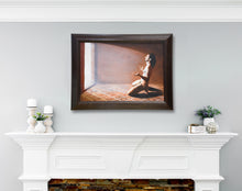 Charger l&#39;image dans la galerie, Warm Neutral colors emphasize the nude man as he kneels on a floor of Florentine designs in a diamond pattern.  Hung above a mantle in a living room.  Art by BorsheimArts.com 
