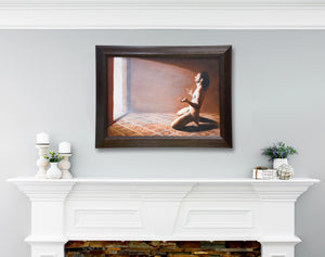 Warm Neutral colors emphasize the nude man as he kneels on a floor of Florentine designs in a diamond pattern.  Hung above a mantle in a living room.  Art by BorsheimArts.com 
