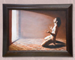 Framed painting of a vulnerable nude man rests on his heels and knees, hands out, relinquishes to accept the light.