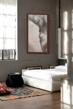 Load image into Gallery viewer, vertical hanging elegant nude figure partial hanging framed in a modern  bedroom
