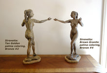 Load image into Gallery viewer, Two originals in the bronze sculpture limited edition to show the subtle differences between the Tan Golden patina and the (right) slightly darker Brown Granite-like patina.  Sirenetta or The Little Mermaid when she traded her voice for human legs to dance for the prince she loved.
