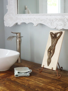 Shown in modern bathroom wtih wood counter and bowl sink, Ten Female Nude Back Hands Small Bronze Sculpture Stone Base Easel Sold Separately