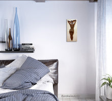 Load image into Gallery viewer, This masculine bedroom of blues, browns, and greys is enhanced by the addition of this classical feminine nude figure sculpure hung on the wall.
