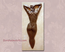 Load image into Gallery viewer, a close-up look of the bronze bas-relief of a woman&#39;s back with her arms over her head.  &quot;Ten&quot; is the title, referred to her ten displayed digits on her hands, spread in Bob Fosse manner, and shown here mounted on a lovely creme travertine tile base.
