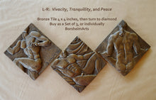 將圖片載入圖庫檢視器 Three bronze tiles with artistic designs on a wooden surface, featuring text about product details.
