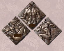 將圖片載入圖庫檢視器 Three bronze sculptures of nude figures on a textured wall background
