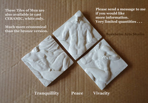 Three white ceramic tiles labeled 'Tranquillity', 'Peace', and 'Vivacity' on a brown background with promotional text.
