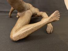 Load image into Gallery viewer, A close-up of a sculpted figurative art piece depicting a kneeling nude human figure, with the artist's name 'Borsheim 2002' and number '1/72' inscribed on the leg, set against a dark textured background.
