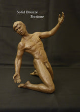 Load image into Gallery viewer, A solid bronze sculpture of a kneeling male figure with one arm raised, shown against a dark draped background. The text 'Solid Bronze Torsione' is printed in white near the top left.
