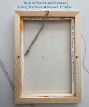 Laden Sie das Bild in den Galerie-Viewer, Back of a wooden picture frame with text about Umag Harbour at Sunset, Croatia.
