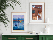 Laden Sie das Bild in den Galerie-Viewer, Two framed artworks on a wall above a green cabinet with decorative items.
