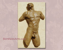 Load image into Gallery viewer, Tan opaque bronze patina on metal art of beautiful male torso, here shown mounted on a creme travertine tile backboard.  
