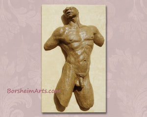 Tan opaque bronze patina on metal art of beautiful male torso, here shown mounted on a creme travertine tile backboard.  