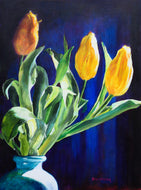 Artistic depiction of yellow tulips in a vase against a dark blue and purple background