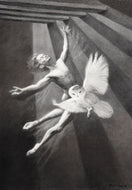 Artistic depiction of a winged creature (snowy owl) with leaping male dancer in flight with a dark background