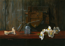 Load image into Gallery viewer, Still life painting with silver metallic oil can, orchid flowers, a long T-shaped bone, and a rusty old door lock against a grainy wood background

