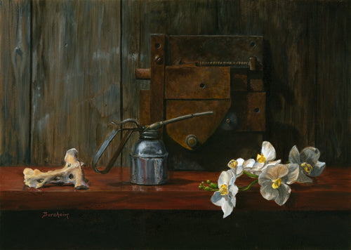 Still life painting with silver metallic oil can, orchid flowers, a long T-shaped bone, and a rusty old door lock against a grainy wood background