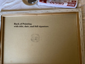 Back of a painting with text and a Goucho brand product in the background, stapled on the backside with artist's signature