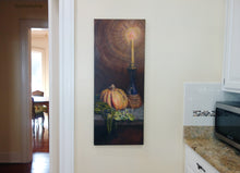 Laden Sie das Bild in den Galerie-Viewer, Painting of a still life scene with a pumpkin, vase, and candle on a wall in a kitchen.
