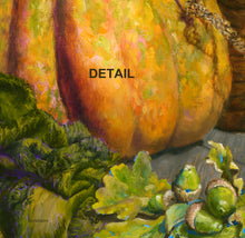 Laden Sie das Bild in den Galerie-Viewer, Detail to show the multiple colors use o paint and orange pumpkin, as well as the layers of colors in the scarf and acorns.  Still life painting is tall narrow, 100 x 40 cm
