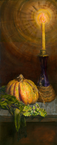 Still life painting with a pumpkin, candle, and woven basket on a textured surface.