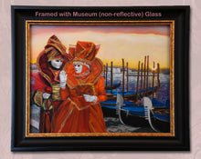 Carica l&#39;immagine nel visualizzatore di Gallery, Framed artwork of two people in elaborate orange and red Carnevale costumes by a canal with gondolas in Venice, Italy. shown in actual frame with Museum Glass (a trademarked brand of non-reflective glass)
