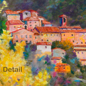 detail of landscape painting of Italian mountain village.  Intense colors used in the artwork.