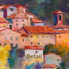Load image into Gallery viewer, Detail of pastel and acrylic painting of colorful stone village in the heart of Tuscany, Italy
