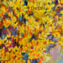 Load image into Gallery viewer, Abstract painting with vibrant yellow flowers and multi-color background, dabs of color in this impressionistic painting of forsythia flower (detail)
