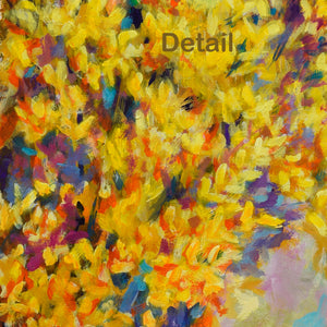 Abstract painting with vibrant yellow flowers and multi-color background, dabs of color in this impressionistic painting of forsythia flower (detail)