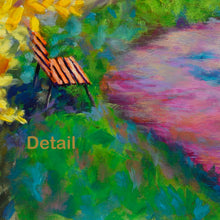 Load image into Gallery viewer, Detail of landscape painting showing very colorful, vibrant grasses in greens, turquoise, violet, and more colors.  Pink road curves in front of a park bench invite the viewer to rest and observe.  
