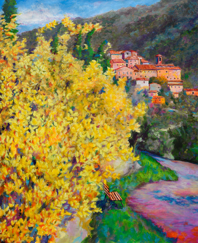 Colorful Painting of a village in Tuscany, Italy, nestled among trees with yellow flowers (forsythia) in the foreground.