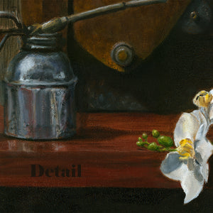 Metal oil can with an orchid flower on a wooden surface, labeled 'Detail' to show the quality of the oil painting still life by Kelly Borsheim