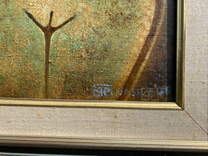 Detail of Artistic depiction of a tree with an artist's  signature on textured fabric background