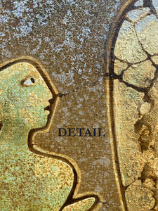 Close-up of a textured surface with a profiled face and cracked pattern, labeled 'DETAIL'. painting on canvas