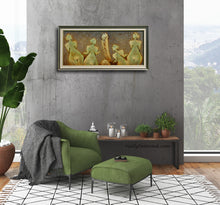 Laden Sie das Bild in den Galerie-Viewer, Modern living room with green armchair, ottoman, and framed artwork on a gray wall.
