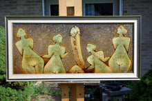 Laden Sie das Bild in den Galerie-Viewer, Framed artwork of abstract human figures set up on easel outdoors to photograph the art.
