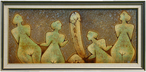 Artistic depiction of abstracted female figures looking at a large phallus on a textured background