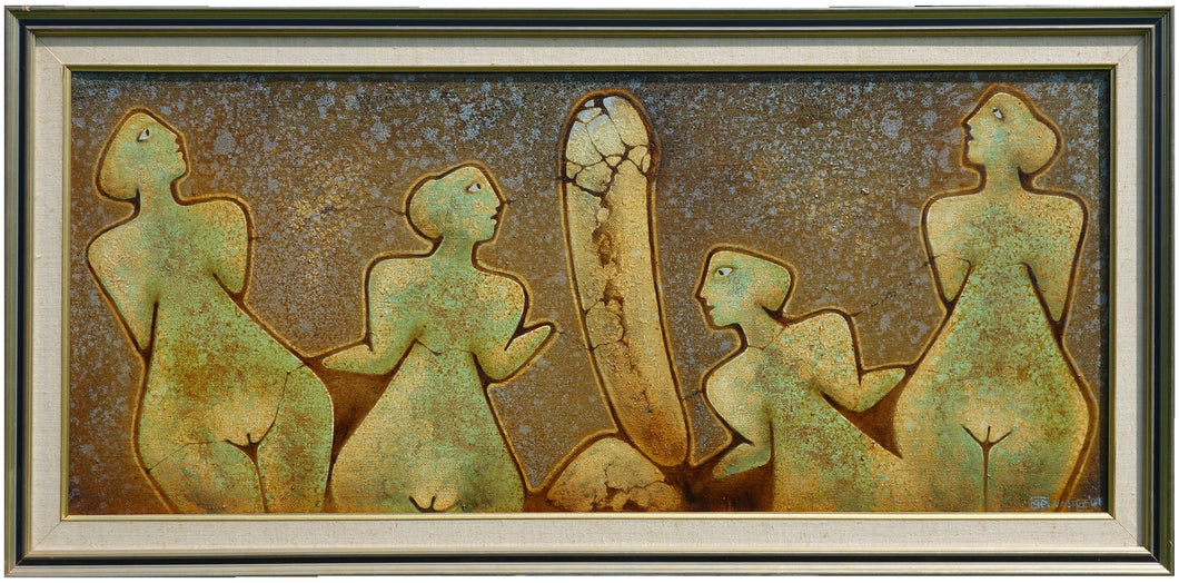 Artistic depiction of abstracted female figures looking at a large phallus on a textured background