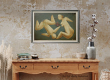 Laden Sie das Bild in den Galerie-Viewer, Framed artwork of two figures, one male and one female, abstracted, on a textured wall above a wooden console table in a living room decor.
