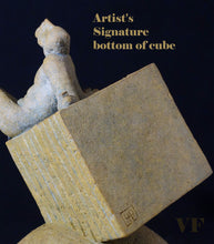 將圖片載入圖庫檢視器 Stylized sculpture of a figure looking to Heaven crucified on a cube, artist&#39;s signature at the bottom, on a dark background.

