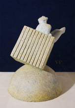 將圖片載入圖庫檢視器 Ceramic sculpture of a figure with a box on a dark background, legs raised in air off to the right.  
