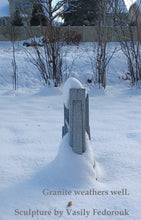 將圖片載入圖庫檢視器 Snow-covered granite sculpture with text 'Granite weathers well. Sculpture by Vasily Fedorouk' in a winter landscape.

