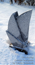 將圖片載入圖庫檢視器 Abstract Geometric Granite sculpture in the snow with 'Developing Granite Sculpture by Vasily Fedorouk' text.
