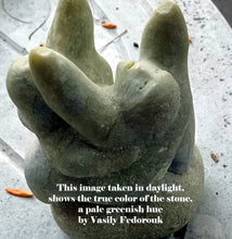 將圖片載入圖庫檢視器 Stone sculpture of a abstracted human face looking up, arms extended on a textured surface with text overlay. Photo taken outside to better show the pale green color of the marble.  Crystal ball that rests above the figures&#39; arms has been removed for this image.
