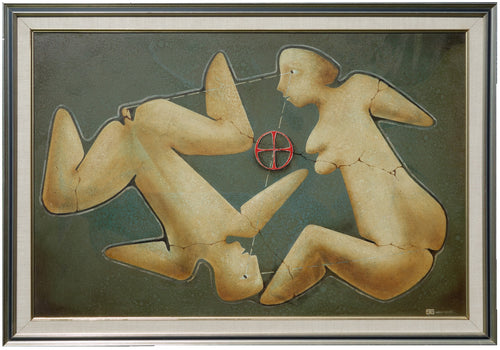 Framed artwork of two abstract figures interacting with a circular ancient symbol between them on a dark background