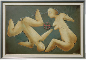 Framed artwork of two abstract figures interacting with a circular ancient symbol between them on a dark background