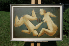 Laden Sie das Bild in den Galerie-Viewer, Artistic depiction of two nude figures on a framed painting resting an easel outdoors in order to photograph the art

